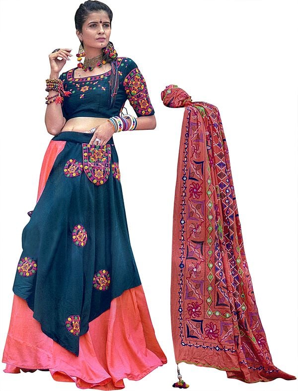 Georgia Peach and Blue Sapphire Lehenga Choli Ensemble from Gujarat with Embroidered Pocket in Multicolor Thread