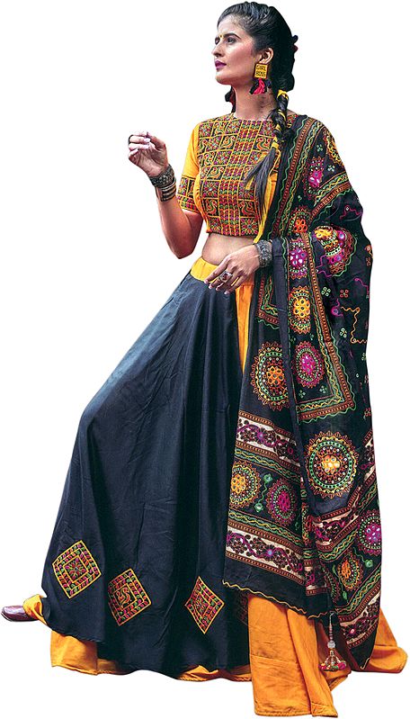 Black and Marigold Lehenga Choli from Kutch with Multicolor Embroidered Parrots and  Mirrors