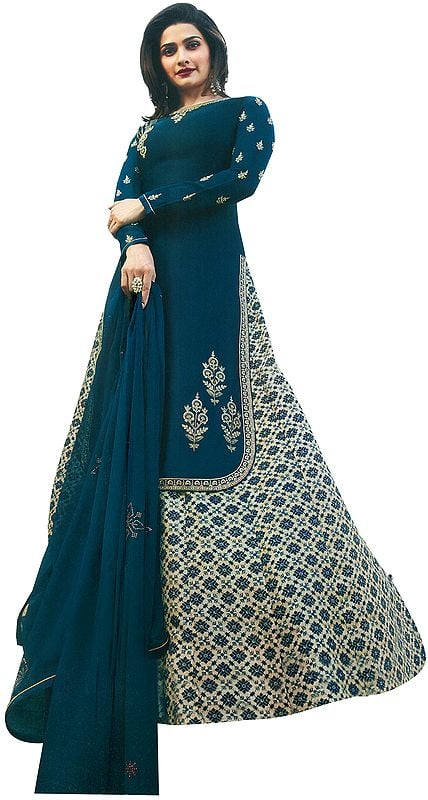 Ink-Blue Prachi Kameez with Long Floral Printed Skirt and Crystals Studded Chiffon Dupatta