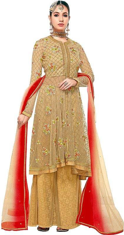 Frosted-Almond Flared-Palazzo Salwar Kameez Suit with Embroidered Flowers and Crystals