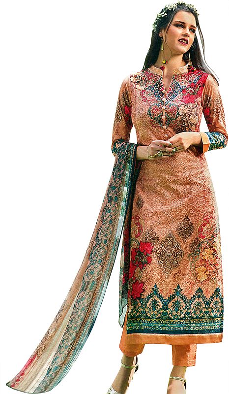 Amber-Light Floral Printed Trouser Salwaar Kameez Suit with Embroidery All-Over and Chiffon Dupatta