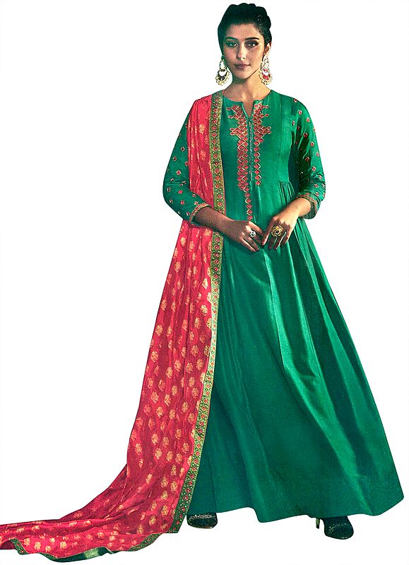 Greenlake Floor-Length A-Line Suit with Floral Aari Embroidery and Printed Red Dupatta