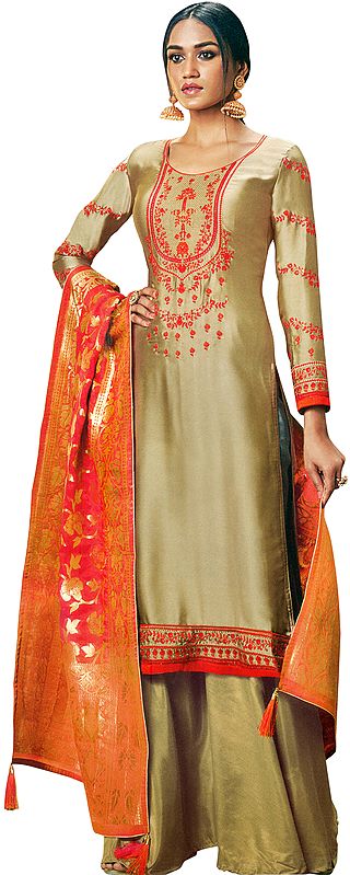 Champagne-Beige Flared-Palazzo Suit with Floral-Embroidery and Brocade Dupatta