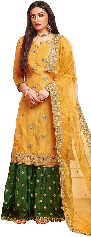 Misted-Yellow Palazzo Salwar Kameez Suit with Embroidery and Pearl Studded Dupatta