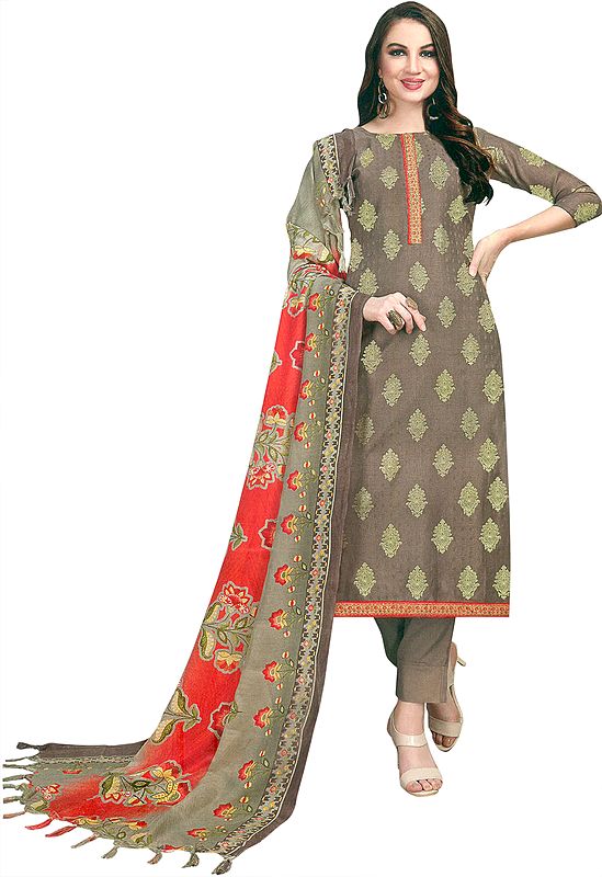 Pine-Bark Trouser Salwaar Kameez Suit with Printed Floral Dupatta