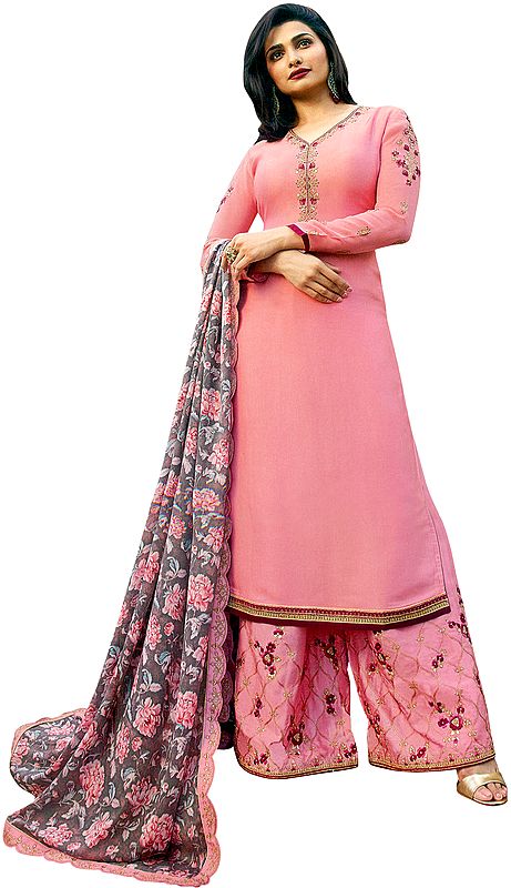 Sea-Pink Prachi Palazzo Salwaar Kameez Suit with Aari-Embroidery and Printed Dupatta