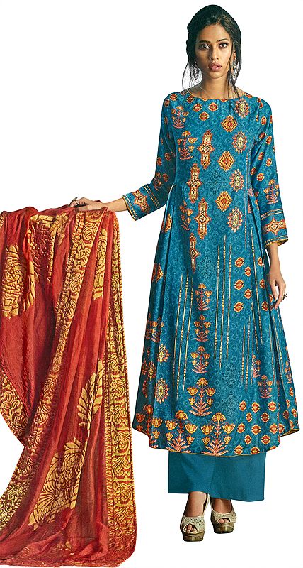Blue-Moon Long Palazzo Warm Salwar Suit with Printed Multicolor Motifs and Crystals