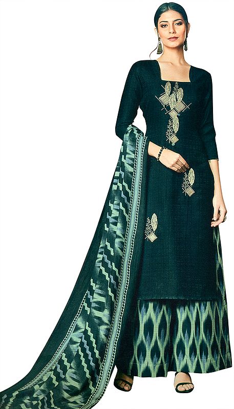 Peat-Black Palazzo Warm Salwaar kameez Suit with Aari-Embroidery and Printed Dupatta