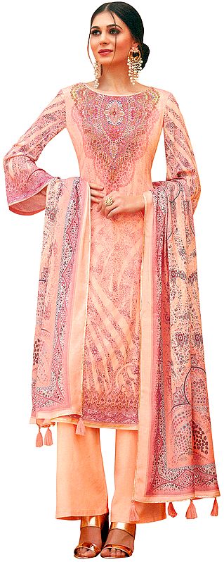 Peach-Nector Palazzo Salwar Kameez Lawn Suit with Mughal Print
