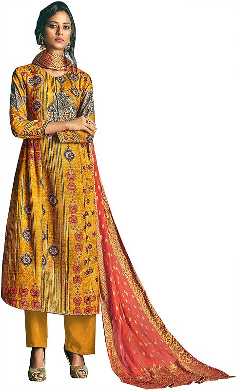 Mineral-Yelllow Long Palazzo Warm Salwar Suit with Printed Multicolor Motifs and Crystals