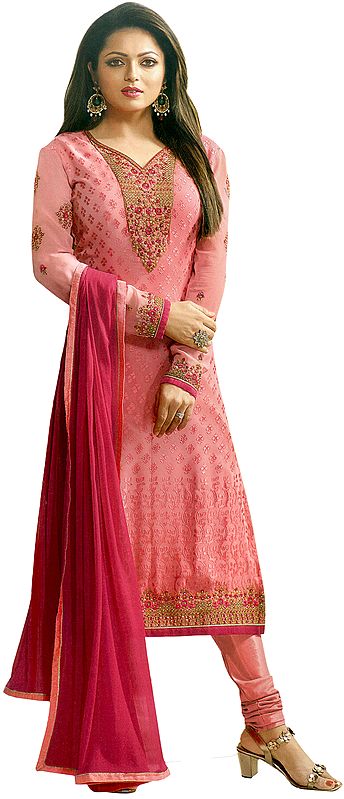 Mellow-Rose Drashti Choodidaar Salwar Kameez Suit with Aari-Embroidery and Self-Weave