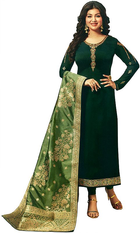 Trekking-Green Long Choodidaar Salwar Kameez Suit with Zari-Embroidery and Green Banarasi Dupatta