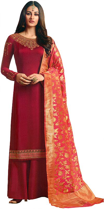 American-Beauty Flared-Palazzo Salwar Suit with Zari Embroidery and Brocaded Dupatta