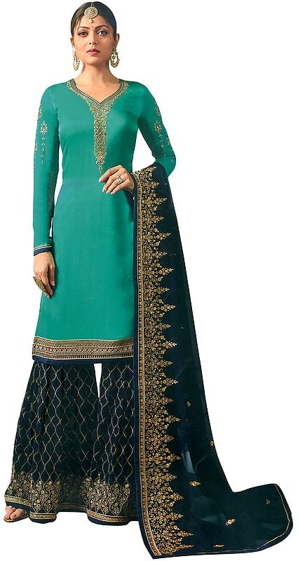 Parasailing-Green Drashti Sharara Salwar Kameez Suit with Zari-Embroidery and Chiffon Dupatta