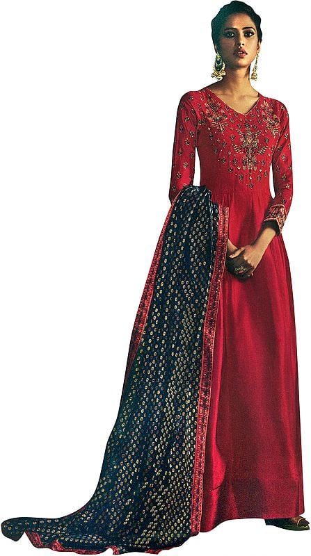 Mars-Red Floor-Length A-Line Suit with Zari Embroidery and Printed Dupatta