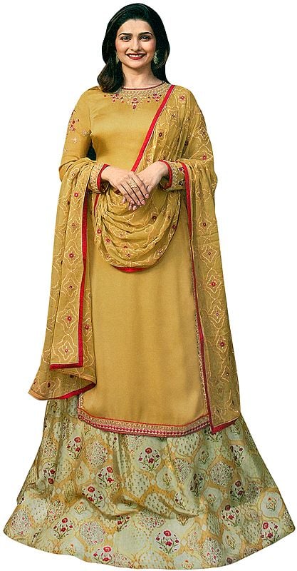 Harvest-Gold Prachi Kameez with Floral Printed Skirt and Embroidered Chiffon Dupatta