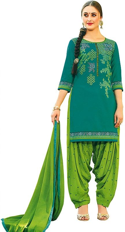 Porcelain-Green Patiala Salwar kameez Suit with Floral Embroidery and Chiffon Dupatta