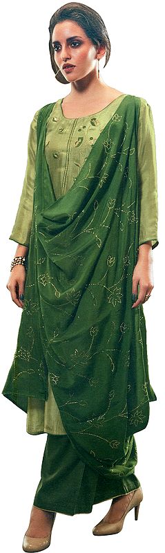 Green-Olive Palazzo Salwar Kameez Suit with Floral Embroidery and Embellished Dupatta