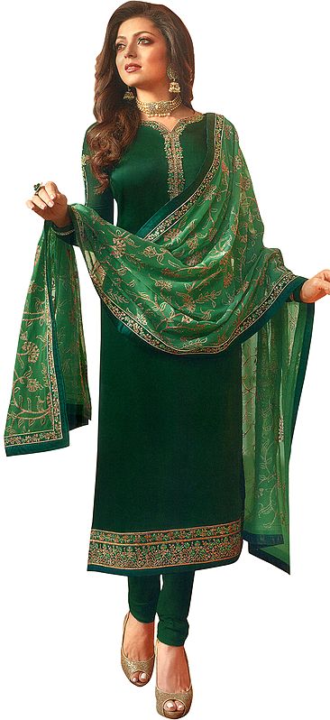 Green-Gables Drashti Choodidaar Salwar-Kameez Suit with Floral Zari-Embroidery and Heavy Dupatta