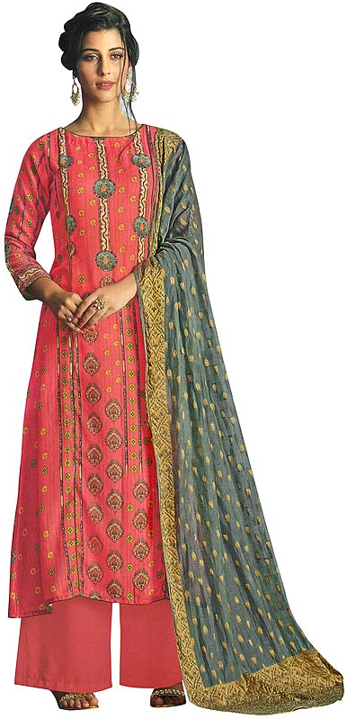Dubarry-Pink  Long Palazzo Warm Salwar Suit with Printed Multicolor Motifs and Crystals