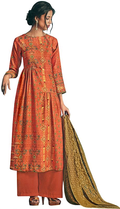 Brandied-Melon Long Palazzo Warm Salwar Suit with Printed Multicolor Motifs and Crystals