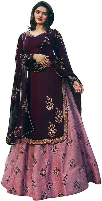 Italian-Plum Prachi Kameez with Long Printed Skirt and Floral Embroidered Chiffon Dupatta