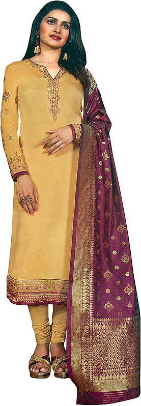 New-Wheat Prachi Long Choodidaar Salwar Kameez Suit with Zari-Embroidery and Crystals