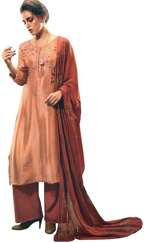 Toasted-Nut Palazzo Salwar Kameez Suit with Floral Embroidery and Embellished Dupatta