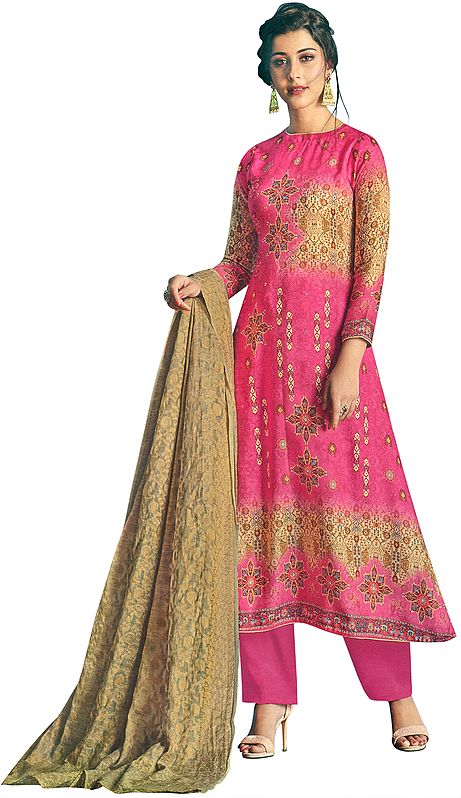 Fandango-Pink Long Palazzo Warm Salwar Suit with Printed Multicolor Motifs and Crystals