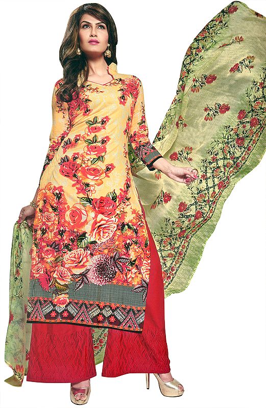 Golden-Haze Palazzo Salwar-Kameez Suit with Printed Flowers and Chiffon Dupatta