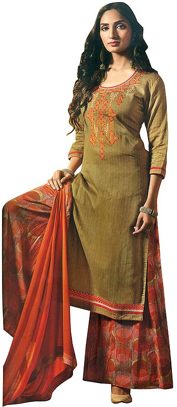 Antelope Flared-Palazzo Salwar-Kameez Suit with Aari-Embroidery on Neck and Chiffon Dupatta