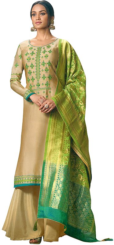 Beige Flared-Palazzo Suit with Floral-Embroidery and Green Brocaded Dupatta