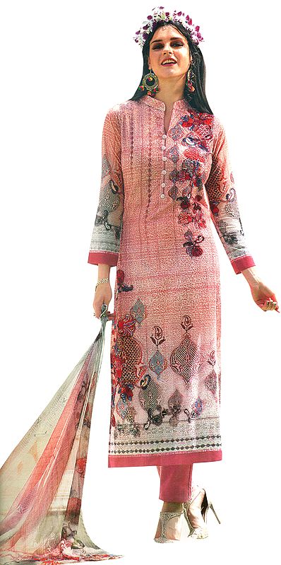 Pale-Blush Floral Printed Trouser Salwaar Kameez Suit with Embroidery All-Over