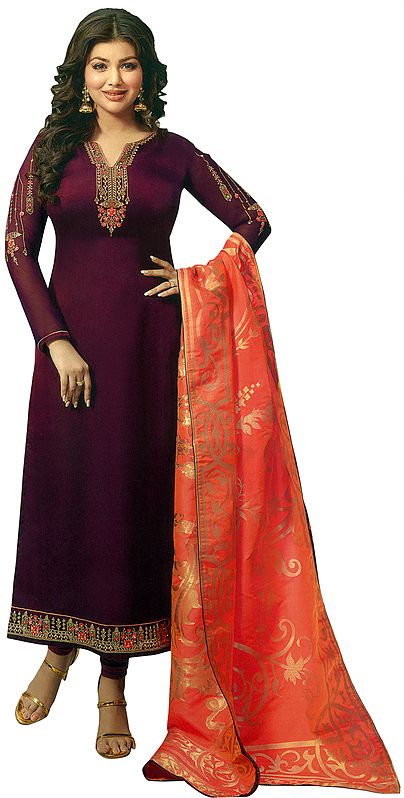 Mauve-Wine Ayesha Long Choodidaar Salwar Kameez Suit with Zari-Embroidery and Peach Banarasi Dupatta