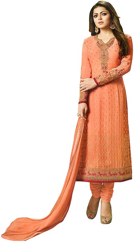 Canteloupe Drashti Choodidaar Salwar Kameez Suit with Zari-Embroidery and Self-Weave
