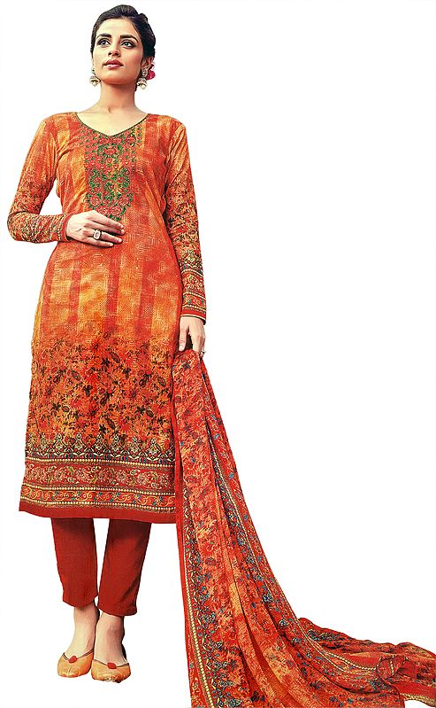 Flamingo Digital-Printed Trouser Salwar-Kameez Suit with Aari-Embroidery and Chiffon Dupatta