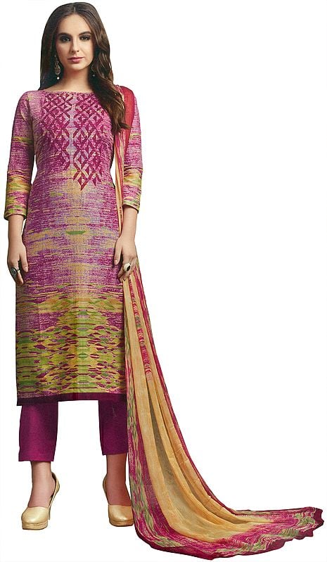 Ibis-Rose Printed Trouser salwar-Kameez Suit with Aari-Embroidery and Chiffon Dupatta