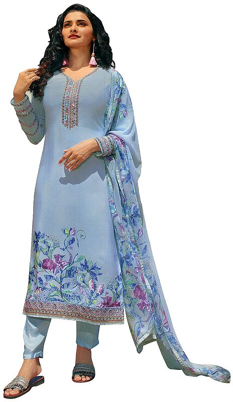 Celestial-Blue Prachi Trouser Salwar-Kameez Suit with Zari-Embroidery and Floral Printed Dupatta