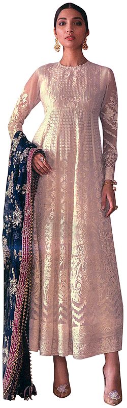 Snow-White Long Salwar Kameez Suit with Floral-Embroidery and Heavy Net Dupatta