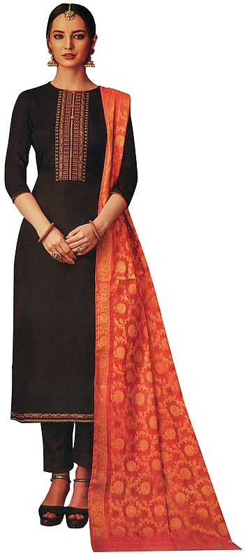 Chest-Nut Long Trouser Salwar-Kameez Suit with Embroidery on Neck and Banarasi Dupatta