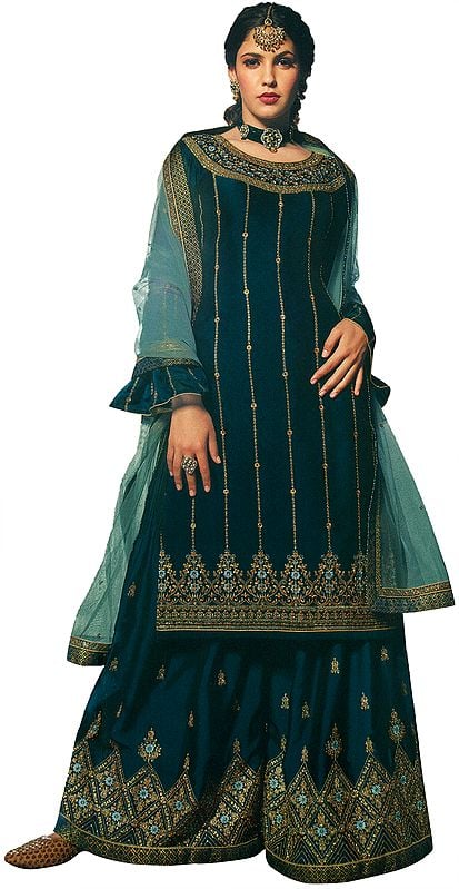 Deep Lake-Blue Flared Palazzo Salwar Kameez Suit with Heavy Embroidered Net Dupatta