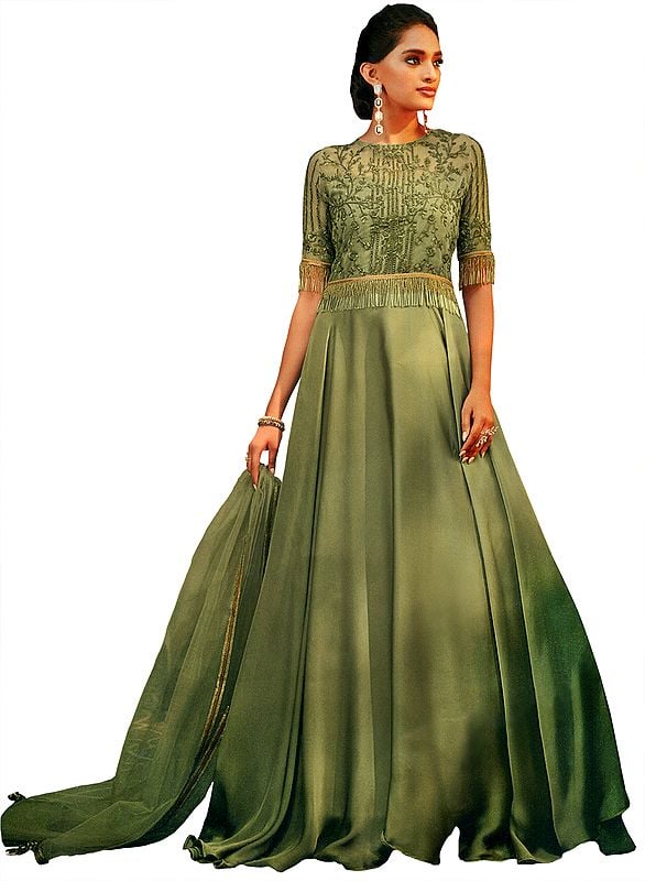 Olive Branch-Green Floor-Length A-Line Lehenga Suit with Zari-Embroidered Border and Hanging Long Glass Beads