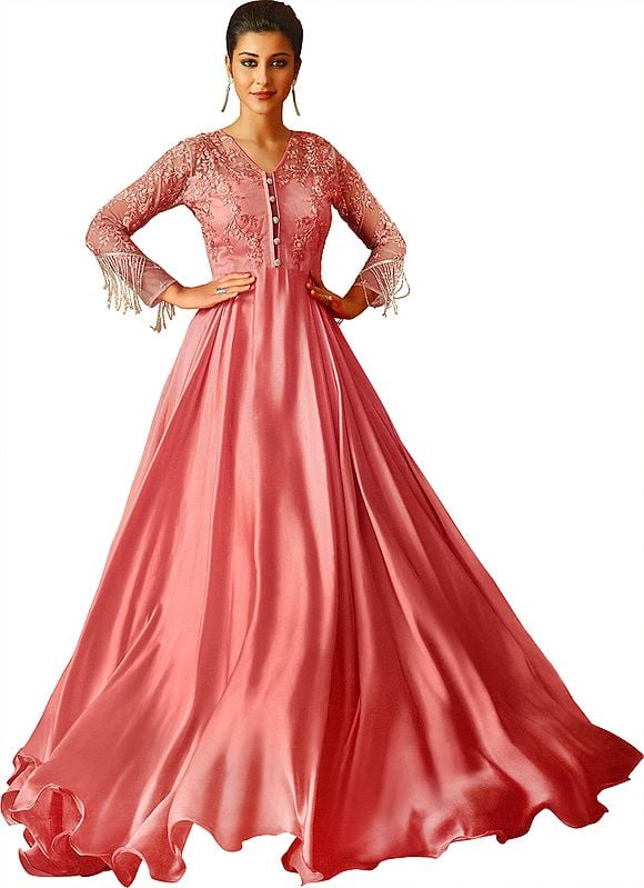 Pink-Lemonade Long Gown Suit with Embroidered Flowers,  Sequins and Beadwork