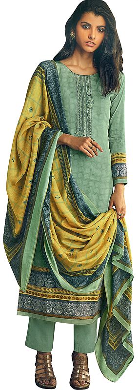Frosty-Green Long Trouser and Kameez Suit with Floral Embroidery and Printed Dupatta