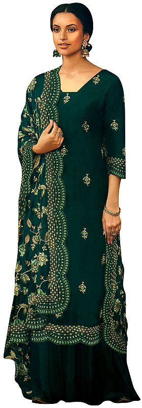 Long Zari Embroidered Kameez with Lehenga and Heavy Floral Zari  Embroidered Dupatta