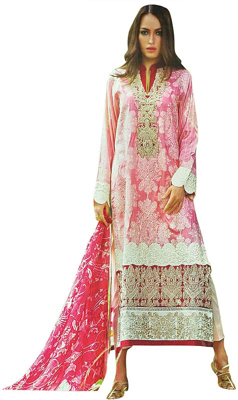 Fruit Dove-Pink Long  Trouser and Kameez Suit with Floral Embroidery and Printed Dupatta