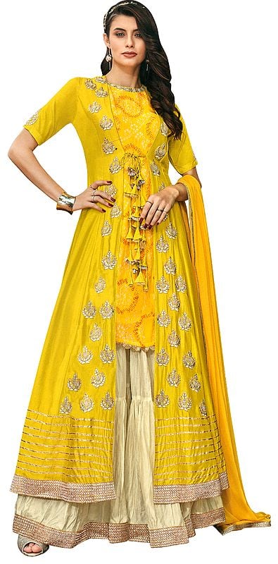 Sunstruck-Yellow Long Zari Embroidered and Printed Kameez with Embroidered Lehenga and Embroidered Dupatta