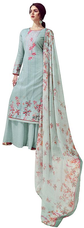 High Rise- Grey Palazzo Salwar- Printed Kameez Suit with Floral Printed Dupatta