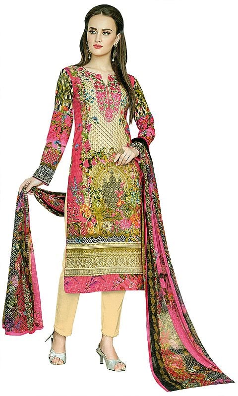 Raspberry-Pink Embroidered and Printed Kameez Suit with  Long Trouser and Floral Printed Dupatta