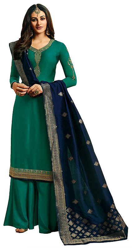 Proud Peacock-Green Zari-Embroidered Salwar Suit with Palazzo Trousers and Zari Embroidery on Neck with EmbroideredDupatta